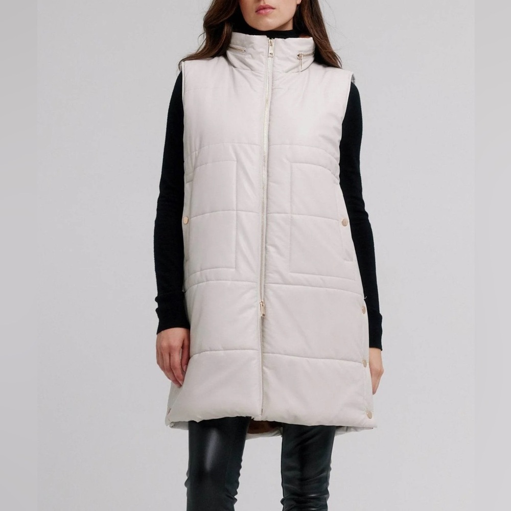 NWT Nikki Jones Quilted Puffer Vest Vegan Leather Gold Trim & Side Snaps Size XS